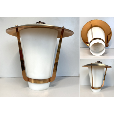 LAMPADA SOSPENSIONE LANTERNA Stilnovo VETRO OPALINO RAME DESIGN MID CENTURY '50