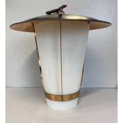 LAMPADA SOSPENSIONE LANTERNA Stilnovo VETRO OPALINO RAME DESIGN MID CENTURY '50