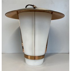 LAMPADA SOSPENSIONE LANTERNA Stilnovo VETRO OPALINO RAME DESIGN MID CENTURY '50