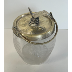 ANTICO PORTA BISCOTTI VETRO METALLO ARGENTATO VASO MOLATO BISCOTTIERA EPOCA '900