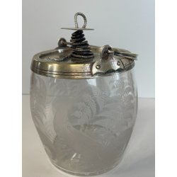 ANTICO PORTA BISCOTTI VETRO METALLO ARGENTATO VASO MOLATO BISCOTTIERA EPOCA '900