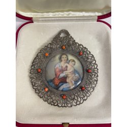 ANTICO GRANDE MEDAGLIONE CIONDOLO CAPOCULLA MADONNA BAMBINO RELIGIOSO ARG. 800