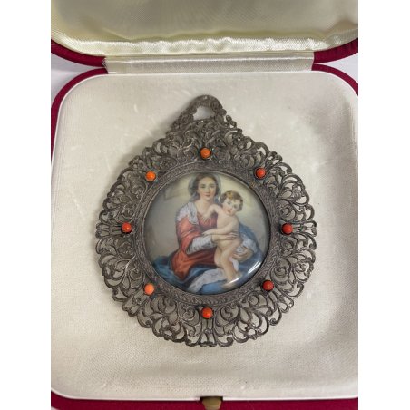 ANTICO GRANDE MEDAGLIONE CIONDOLO CAPOCULLA MADONNA BAMBINO RELIGIOSO ARG. 800