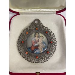 ANTICO GRANDE MEDAGLIONE CIONDOLO CAPOCULLA MADONNA BAMBINO RELIGIOSO ARG. 800