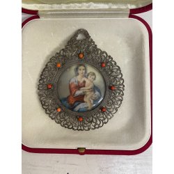 ANTICO GRANDE MEDAGLIONE CIONDOLO CAPOCULLA MADONNA BAMBINO RELIGIOSO ARG. 800