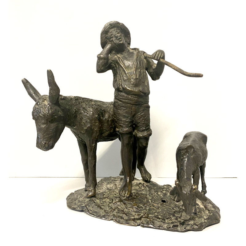 GRUPPO SCULTOREO BRONZO SCENA PASTORALE VERISTA PASTORELLO CAPRA ASINO 25 cm/h