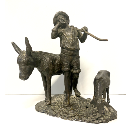 GRUPPO SCULTOREO BRONZO SCENA PASTORALE VERISTA PASTORELLO CAPRA ASINO 25 cm/h