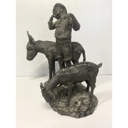 GRUPPO SCULTOREO BRONZO SCENA PASTORALE VERISTA PASTORELLO CAPRA ASINO 25 cm/h