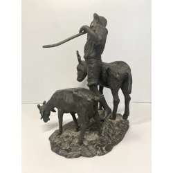 GRUPPO SCULTOREO BRONZO SCENA PASTORALE VERISTA PASTORELLO CAPRA ASINO 25 cm/h