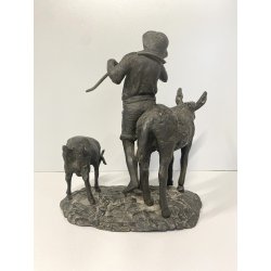 GRUPPO SCULTOREO BRONZO SCENA PASTORALE VERISTA PASTORELLO CAPRA ASINO 25 cm/h