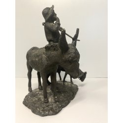 GRUPPO SCULTOREO BRONZO SCENA PASTORALE VERISTA PASTORELLO CAPRA ASINO 25 cm/h