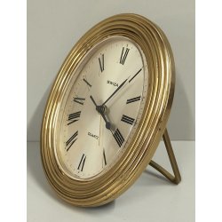 Swiza OROLOGIO TAVOLO cornice OVALE quartz SUONERIA anni 70 DORATO Alarm Clock