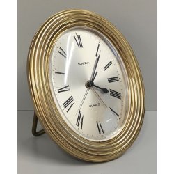 Swiza OROLOGIO TAVOLO cornice OVALE quartz SUONERIA anni 70 DORATO Alarm Clock