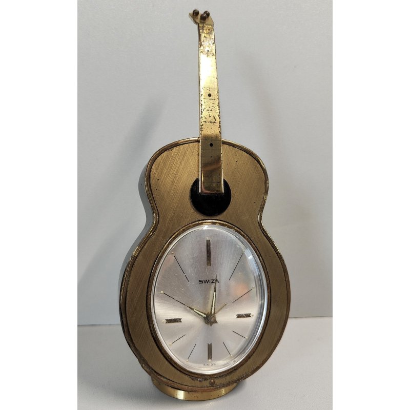 Swiza OROLOGIO TAVOLO CHITARRA suoneria CARILLON anni 50 DORATO Old Alarm Clock