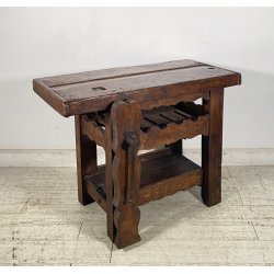 PICCOLO TAVOLO FALEGNAME BANCO LAVORO LEGNO ROVERE 1800 MORSA A VITE EPOCA WORK