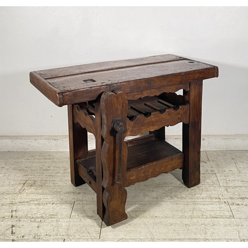 PICCOLO TAVOLO FALEGNAME BANCO LAVORO LEGNO ROVERE 1800 MORSA A VITE EPOCA WORK