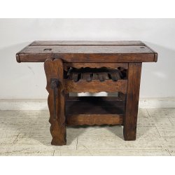 PICCOLO TAVOLO FALEGNAME BANCO LAVORO LEGNO ROVERE 1800 MORSA A VITE EPOCA WORK