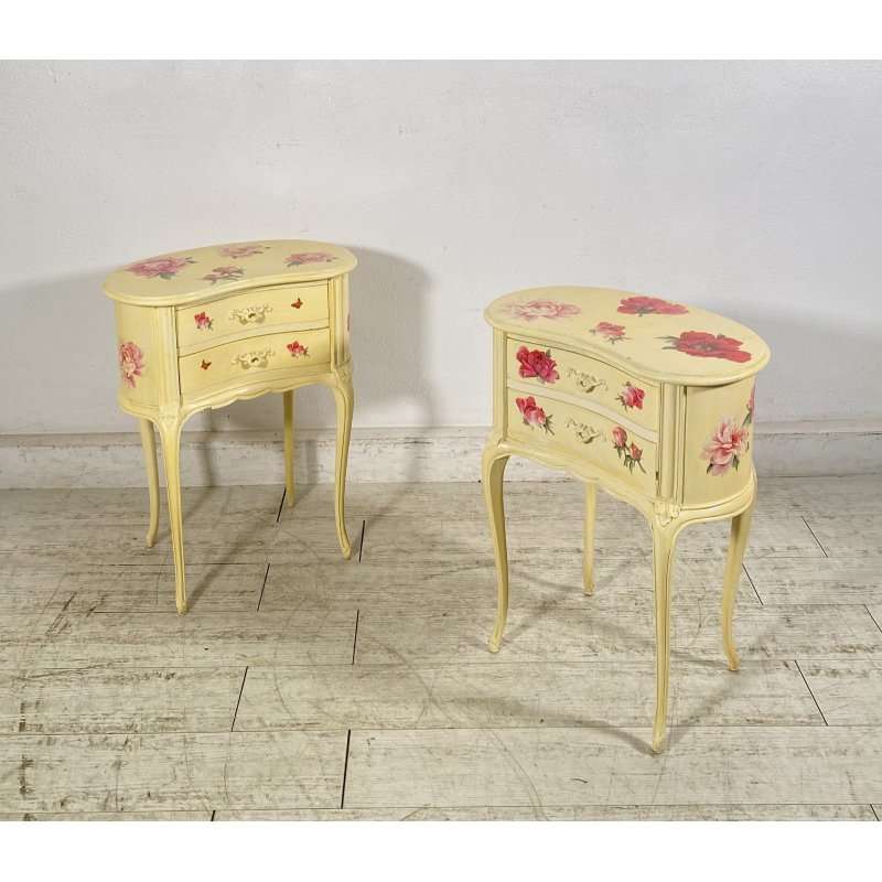 ANTICA COPPIA COMODINI FAGIOLO 1900 LEGNO LACCATO BIANCO FIORI DIPINTO