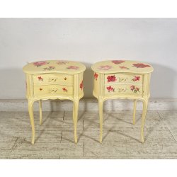 ANTICA COPPIA COMODINI FAGIOLO 1900 LEGNO LACCATO BIANCO FIORI DIPINTO