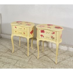 ANTICA COPPIA COMODINI FAGIOLO 1900 LEGNO LACCATO BIANCO FIORI DIPINTO