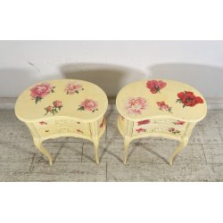 ANTICA COPPIA COMODINI FAGIOLO 1900 LEGNO LACCATO BIANCO FIORI DIPINTO