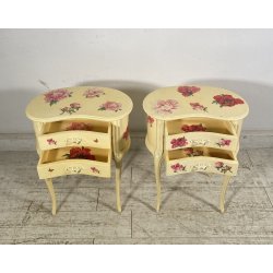 ANTICA COPPIA COMODINI FAGIOLO 1900 LEGNO LACCATO BIANCO FIORI DIPINTO