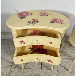 ANTICA COPPIA COMODINI FAGIOLO 1900 LEGNO LACCATO BIANCO FIORI DIPINTO