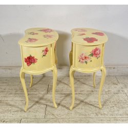 ANTICA COPPIA COMODINI FAGIOLO 1900 LEGNO LACCATO BIANCO FIORI DIPINTO