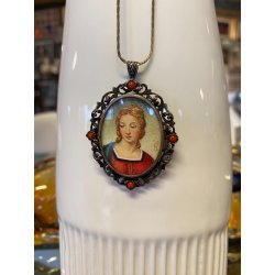 ANTICO CIONDOLO SPILLA  ARGENTO 800 CORALLO MINIATURA DIPINTO fine '800