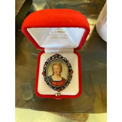 ANTICO CIONDOLO SPILLA  ARGENTO 800 CORALLO MINIATURA DIPINTO fine '800