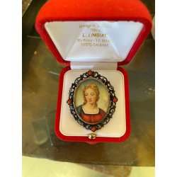 ANTICO CIONDOLO SPILLA  ARGENTO 800 CORALLO MINIATURA DIPINTO fine '800