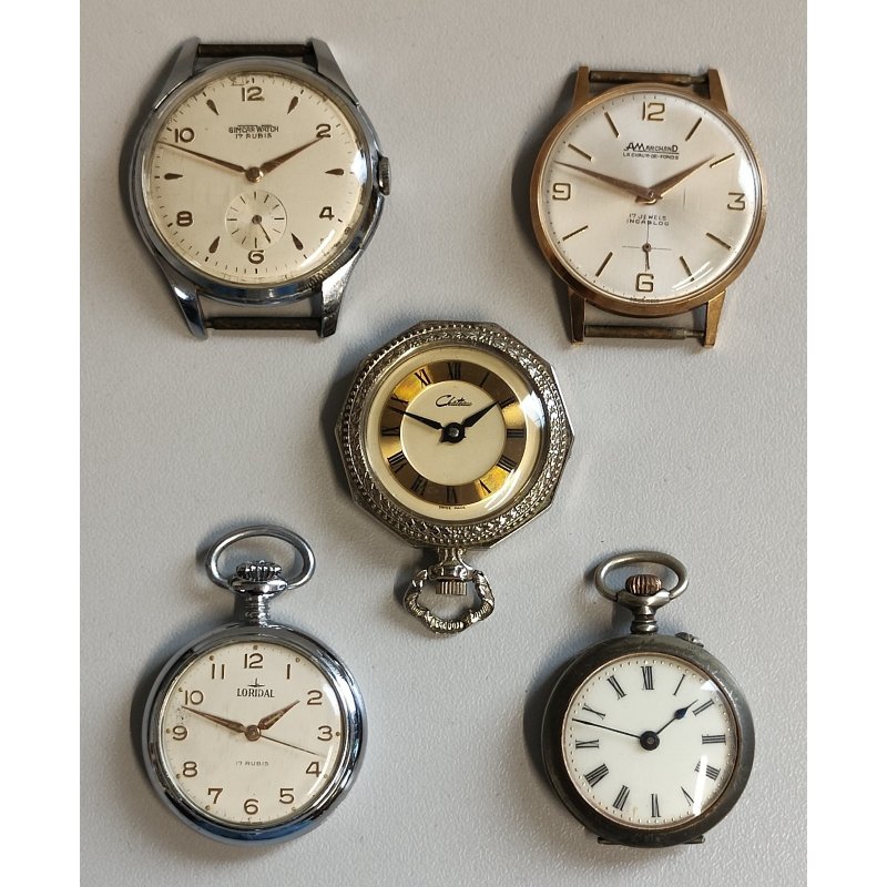LOTTO 5 pz. OROLOGIO TASCA e POLSO Gimcar Watch AMARCHAND Loridal EPOCA 900 old