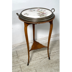 ANTICO TRESPOLO ESPOSITORE LEGNO NOCE OTTONE VASSOIO DIPINTO FLOREALE EPOCA '900