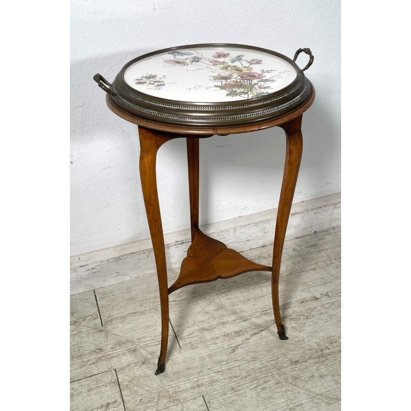 ANTICO TRESPOLO ESPOSITORE LEGNO NOCE OTTONE VASSOIO DIPINTO FLOREALE EPOCA '900