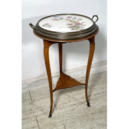 ANTICO TRESPOLO ESPOSITORE LEGNO NOCE OTTONE VASSOIO DIPINTO FLOREALE EPOCA '900