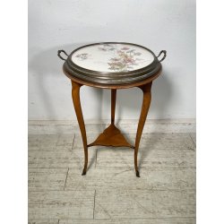 ANTICO TRESPOLO ESPOSITORE LEGNO NOCE OTTONE VASSOIO DIPINTO FLOREALE EPOCA '900