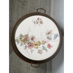 ANTICO TRESPOLO ESPOSITORE LEGNO NOCE OTTONE VASSOIO DIPINTO FLOREALE EPOCA '900