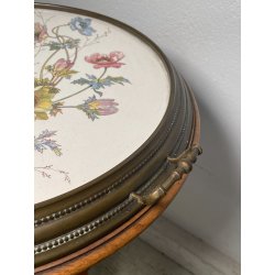 ANTICO TRESPOLO ESPOSITORE LEGNO NOCE OTTONE VASSOIO DIPINTO FLOREALE EPOCA '900