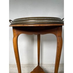 ANTICO TRESPOLO ESPOSITORE LEGNO NOCE OTTONE VASSOIO DIPINTO FLOREALE EPOCA '900
