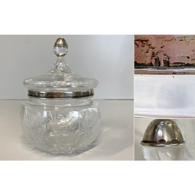 ANTICA SCATOLA COPERCHIO ARGENTO POTICHE Cristallo MOLATO CRISTAL VANITY BOX