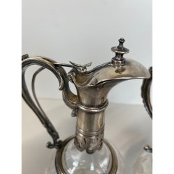 ANTICA COPPIA VERSATOIO AMPOLLA BOCCA METALLO ARGENTATO DECORO FOGLIATO 19 cm/h