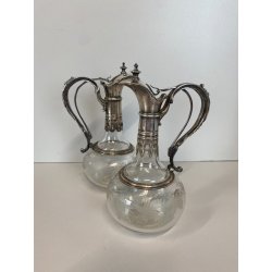 ANTICA COPPIA VERSATOIO AMPOLLA BOCCA METALLO ARGENTATO DECORO FOGLIATO 19 cm/h