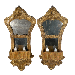 ANTICA COPPIA SPECCHIERA BAROCCO LEGNO EPOCA 600 FOGLIA ORO LUME LAMPADA DA MURO