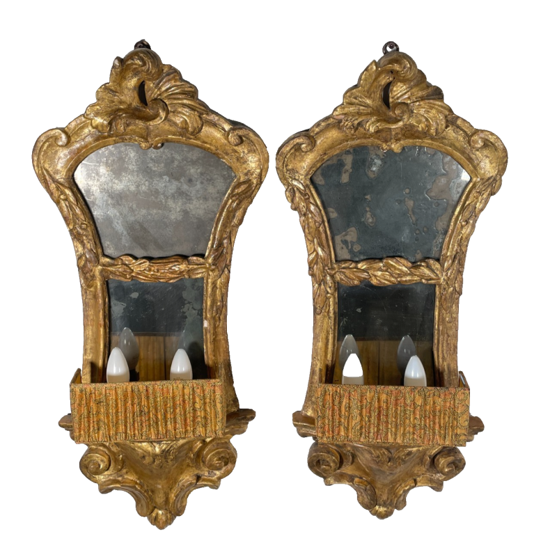 ANTICA COPPIA SPECCHIERA BAROCCO LEGNO EPOCA 600 FOGLIA ORO LUME LAMPADA DA MURO
