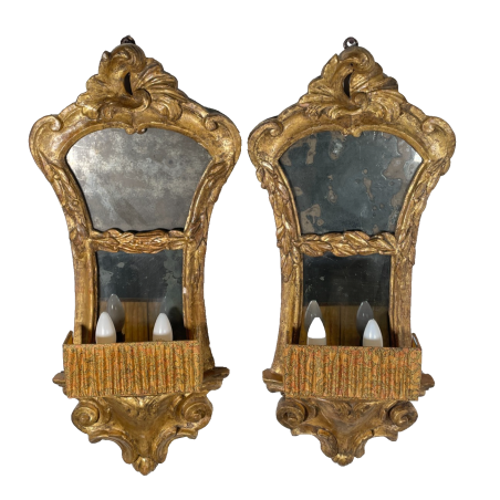 ANTICA COPPIA SPECCHIERA BAROCCO LEGNO EPOCA 600 FOGLIA ORO LUME LAMPADA DA MURO