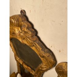 ANTICA COPPIA SPECCHIERA BAROCCO LEGNO EPOCA 600 FOGLIA ORO LUME LAMPADA DA MURO