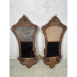 ANTICA COPPIA SPECCHIERA BAROCCO LEGNO EPOCA 600 FOGLIA ORO LUME LAMPADA DA MURO