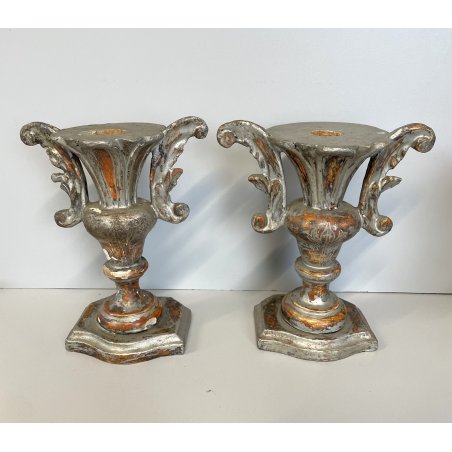 ANTICA coppia PORTAPALME legno FOGLIA ARGENTO '700 VASI D’ ALTARE CHIESA