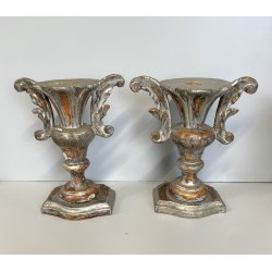 ANTICA coppia PORTAPALME legno FOGLIA ARGENTO '700 VASI D’ ALTARE CHIESA