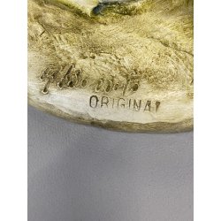 SCULTURA GRES CERAMICA A. Borsato FIGURA ANZIANA LAVORO A MAGLIA GALLO GALLINE